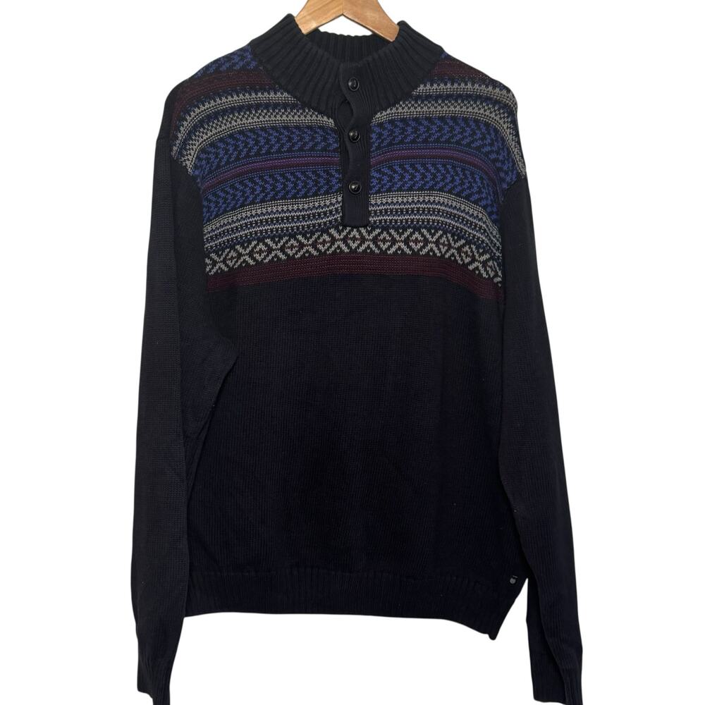 Chaps 100% Cotton XL Fair Isle Nordic Pullover Button High Collar Henley Sweater